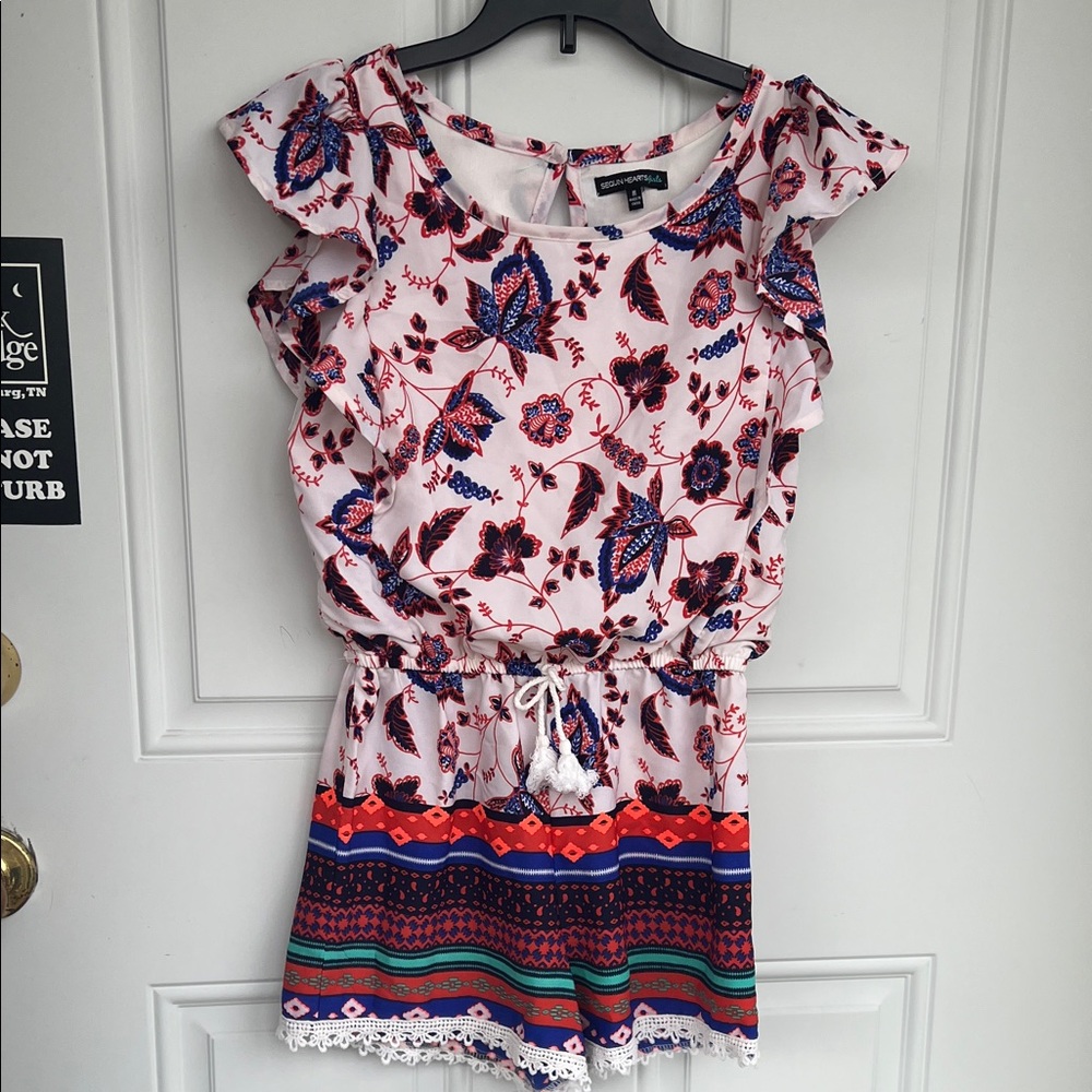Sequin Hearts Girls Orange and Blue Floral Romper